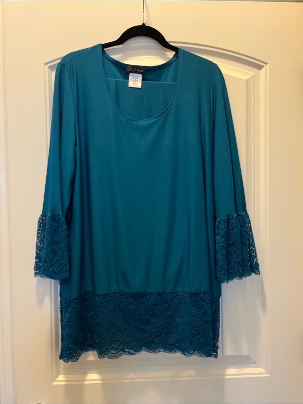 Slinky Brand Teal Lace-Hem & Bell-Sleeve Tunic & Pant Set